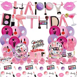 Sekeline Makeup Birthday Party Supplies include Happy Birthday Banner Balloons Cupcake Toppers Plates Napkins Cups Knives Spoons Forks Tablecloth, Spa Party Decoration for Girls Women