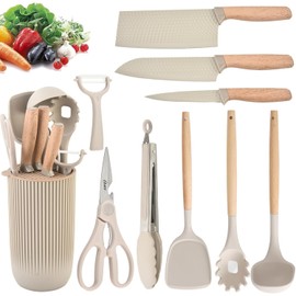 Knife Set, 10 Pieces Professional Kitchen Knife Set with Universal Knife Block, Non-stick Heat Resistan Kitchen Tools and Gadgets with Wooden Handle (Khaki)