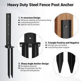 Fence Post Anchor Kit, Heavy Duty Steel Fence Post Repair Stakes, Fence Post Anchor Ground Spike for Repairing Tilted Broken Wooden Fence Post (2pcs)
