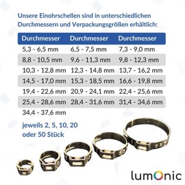 Lumonic I 10 x 1-Ear Clamps 13.7-16.2 mm I V2A Stainless Steel I Single-Ear Clamp I Hose Clamp I for Compressed Air, Pipe Systems, Garden, Car