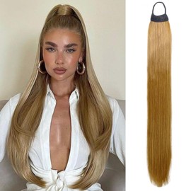VAVANGA 28inch Long Ponytail Extension with Hair Tie, Multi Dark Blonde Yaki Straight Ponytail Full Braiding Hair Ponytail Natural Fake Pony Tails Hairpiece for Women (#12/24)