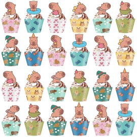 48pcs Capybara Cupcake Toppers and Cupcake Wrappers Birthday Party Decro,Capybara Birthday Party Supplies