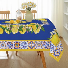 Honellaty Blue Yellow Lemon Vintage Pattern Tablecloth 52" x 70" Rectangle, Summer Table Cloth Spill-Proof Stain Resistant Wrinkle Free Table Cover for Dining, Party, Picnic