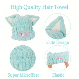 mdoahny Microfiber Hair Quick Drying Towel Wrap for Women Adults or Kids Girls, Cute Ears Bath Tool Hair Turban, Soft Absorbent Hair Dry Hat Lightweight Bouncy Hat Headscarf, Blue