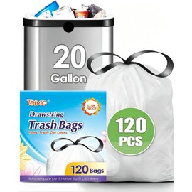20 Gallon 120 Counts (fit 18-20 Gal) Large Drawstring Trash Bags Strong Tall Kitchen Compactor Bags Garbage Bags for Home/Office/Light Residential Waste/Outdoor Trash Can, Lawn，Trash Bags White