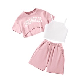 Ecolala Girl's Summer 3 Piece Outfits Graphic Short Sleeve Crop Top Cami and Shorts Clothes Set Pink 7-8Y