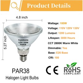 Ivyemons PAR38 Flood Light Bulbs - 4 Pack 100W PAR38 Halogen Bulb 120V E26 Base, PAR 38 Bulb Dimmable 2800K Warm White for Indoor and Outdoor, Long Lasting 1800LM Halogen Flood Light