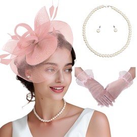 MS.ING Women's Derby Fascinators Tea Party Hat Mesh Floral Feather Hair Clip Headwear for Wedding Cocktail (Blush Pink)