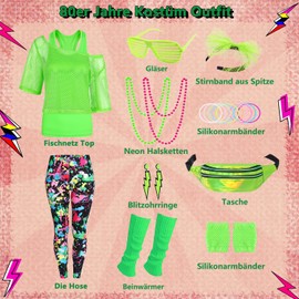 80s 90s Outfit Women's 20 Pieces 80s Retro Costume Off Shoulder Mesh Shirt Women with Leggings Neon Clothing Accessories Set Bum Bag Earring Mesh Gloves Bracelet Necklace Bath Button Outfit 20XL