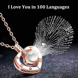 Necklace That Says I Love You in 100 Languages Projection Pendant Necklace That Says I Love U Different Ways for Women Teens Girls Girlfriend Mom Daughter with Meaning in Gift Box (Rose Gold-Heart)
