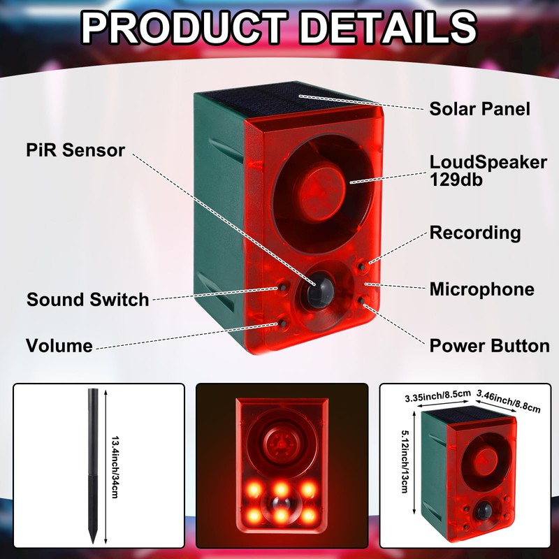 Qualirey 4 Pcs Solar Outdoor Motion Sensor Alarm with Stake
