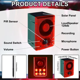 Qualirey 4 Pcs Solar Outdoor Motion Sensor Alarm with Stake Gunshot Sound Dog Barking, 3 Modes Support Recording and Adjustable Volume USB Charging 129 dB Loud Noise Maker for Animal Deterrent