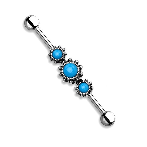 BodyJewelryOnline Industrial Piercing Barbells with Triple Round Turquoise Centers (Burnished Silver)
