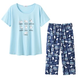 SUTPSL 2 Pack Womens Pajamas Set Cotton Short Sleeve Sleepwear Tops with Capri Pants Fun Prints Pjs(BUC+PnLeave,XXXL)