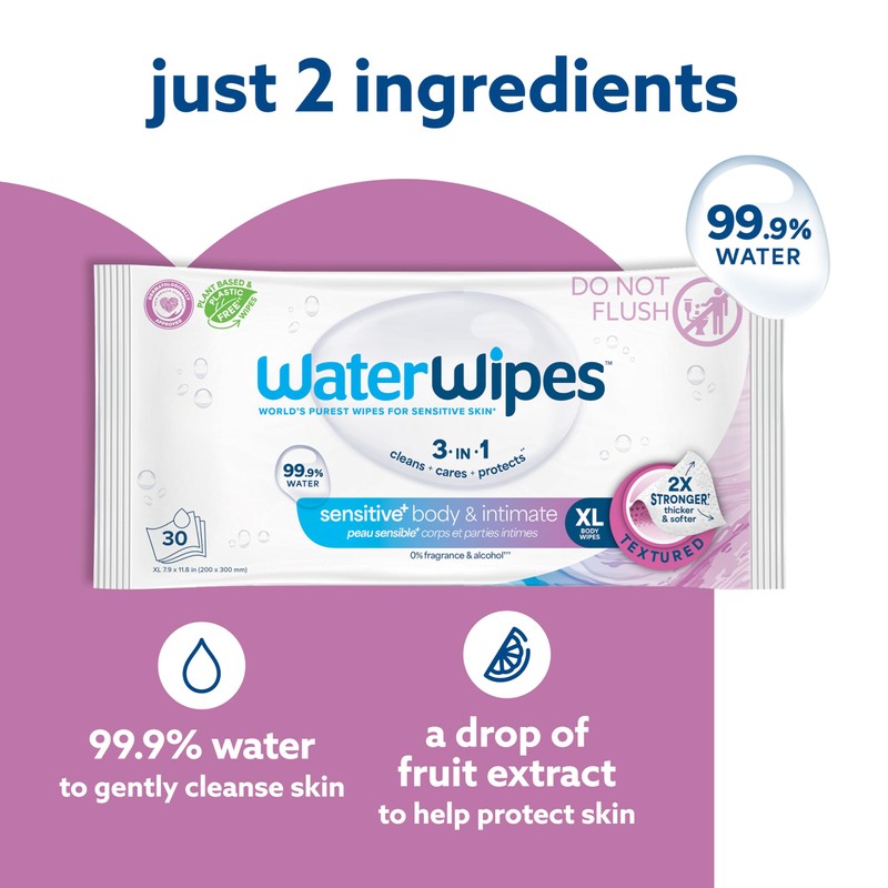 WaterWipes Sensitive+ Body & Intimate Wipes, 3-In-1 Cleans, Cares, Protects,