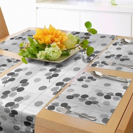 ABAKUHAUS Grey Table Runner & 4 Piece Placemats, Craftsman Circle Shaped Leaf Foliage Branches with Volatile Lines Stripes on Background Print, Table Decoration Set, 180 x 40 cm, Anthracite Grey