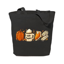 GXVUIS Hello Pumpkin Canvas Tote Bag for Women Aesthetic Fall Favorites Reusable Grocery Shopping Bags Thanksgiving Gifts Black