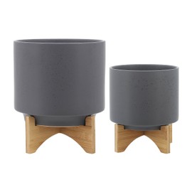 Set of 2 Ceramic Planters - 10" & 12" Contemporary Matte Gray Planters on Bamboo Stand - Simple Design For Indoor or Outdoor Plants, Succulents
