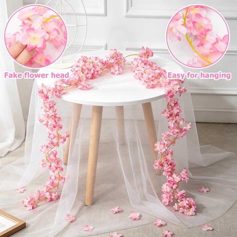 QEEYON 4 Pcs 180cm Cherry Blossom Garland, Artificial Pink Flower