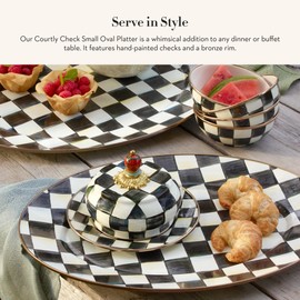 MACKENZIE-CHILDS Enamel Oval Platter, Serving Plate for Entertaining, Small, Black-and-White Courtly Check