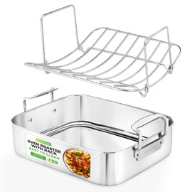 NutriChef Roasting Pan with Polished Rack, Oven Roasting Pan, Warp Resistant, Dishwasher Safe, Wide Wire Handles, Removable Rack, PFOA-Free, For Tender Roast, Deep Dishes, 14.8"x11.6"x 3.7" Inch