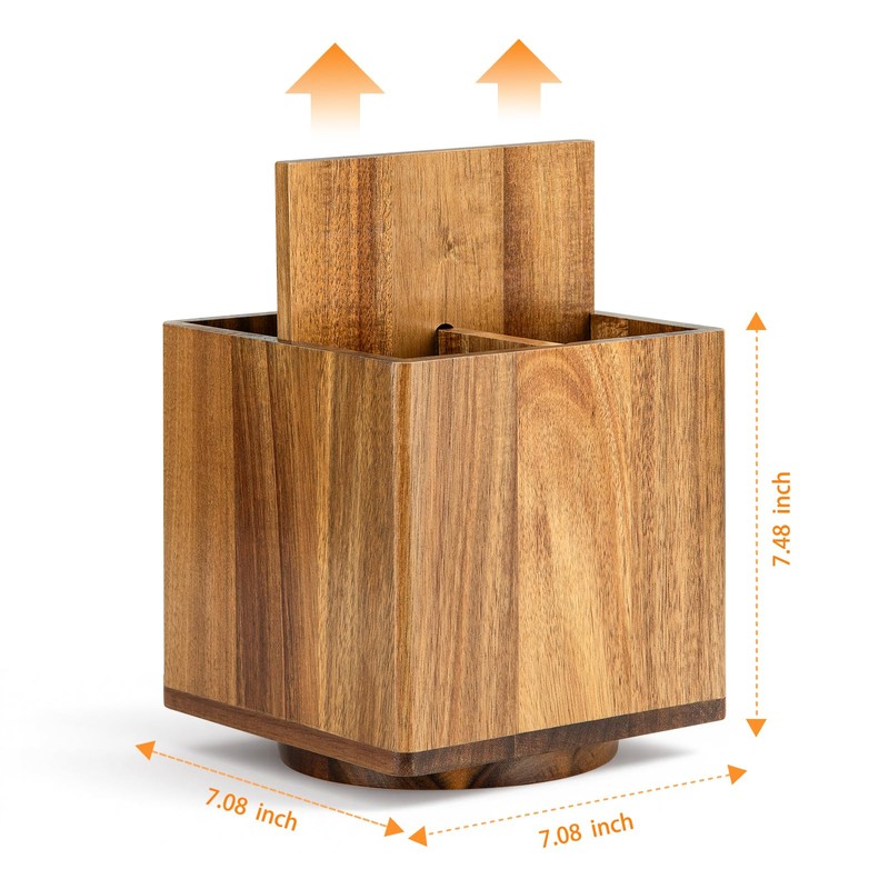 NACIMAX Acacia Wood Extra Large Rotating Utensil Holder for Kitchen