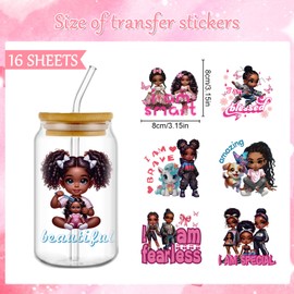 Rngmsi UV DTF Cup Wrap - 16 Sheets Black Girl UV DTF Cup Wraps for 16 oz Glass, Inspirational Quote Uvdtf Stickers for Water Botters, Cute Dog Bow Waterproof Rub on Transfer Decals, DIY Crafts