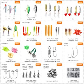 TCMBY 327PCS Fishing Lures Tackle Bait Kit Set, Tackle Box with Tackle Included, Crankbaits, Worms, Spinner, Weights, Hooks & Other Accessories for Freshwater Bass Trout Fishing Gear Gifts for Men