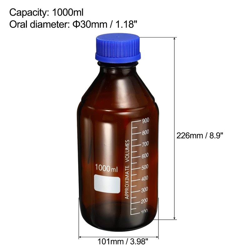 PATIKIL 1000mL Reagent Media Bottle, 2Pcs Round Graduated Glass Storage