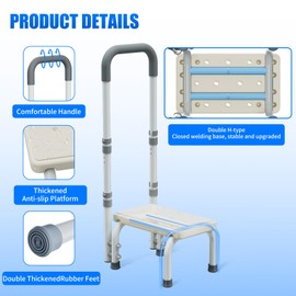 Step Stool with Handles for Elderly-Bed Stools with Adjustable Handrails and Non-Skid Platform,Foot Stool for Bedside,Kitchen,Car,Bathtub,Holds up to 350 lbs（White ）
