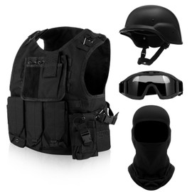 Cuffbow Tactical Vest Set for Men Airsoft Paintball Vest Black Tactical Helmet Airsoft Mask Mesh Anti Fog Goggles Full Face Protection Halloween Cosplay