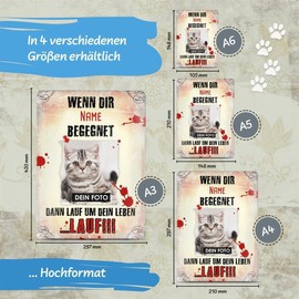 PR Print Royal Tin Sign Yourself Design with Cat Photo, Name & Saying - Lauf um Dein Leben - Gift Idea for Cat Owners / Door Sign / Cat Sign - Portrait Format Sign A4