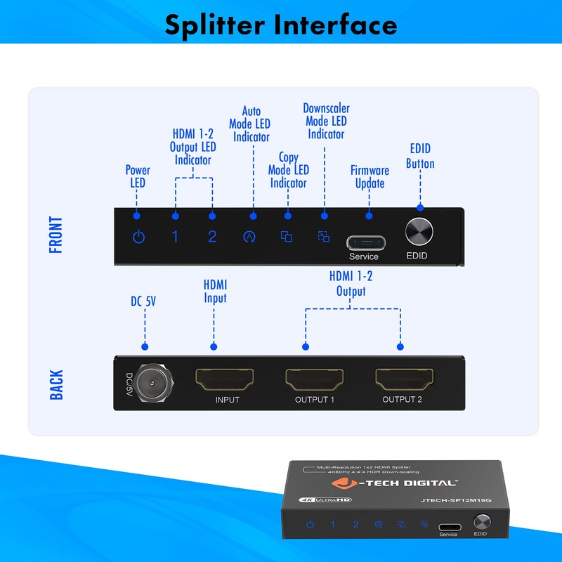 J-Tech Digital HDMI Splitter 1 in 2 Out 4K@60Hz, 1x2