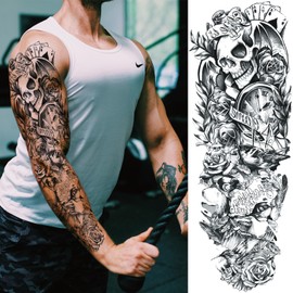 Pirate Skull Fake Tattoo Sleeve for Men, Full Arm Realistic Flower Skeleton Kraken Gun Temporary Tattoo Sleeve Women Adult, Large Black Octopus Sailboat Temp Tatoo Sticker Leg Body Art Makeup, 8-Sheet