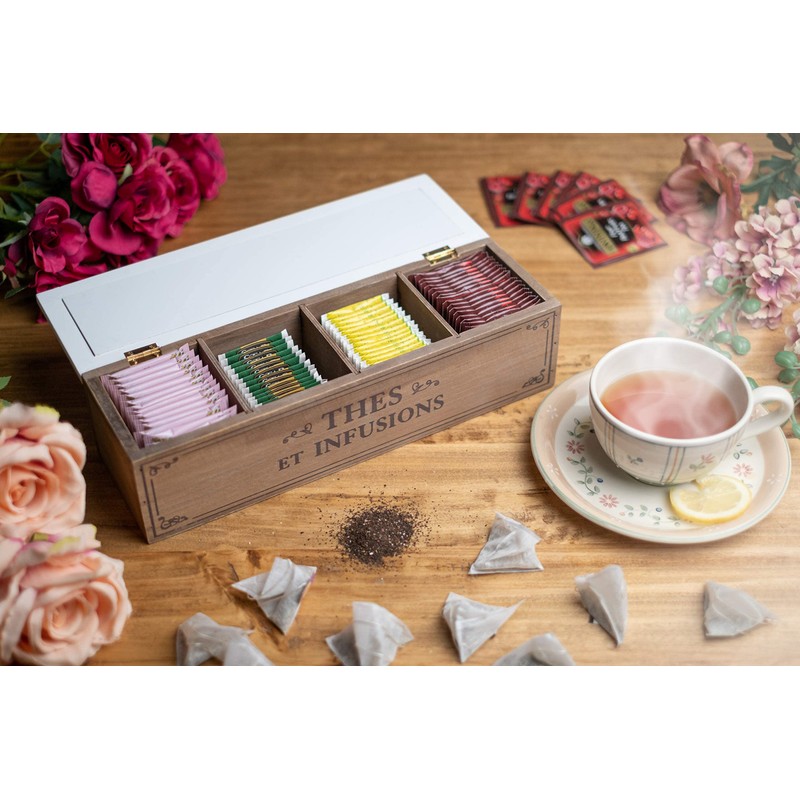 Morgan Wooden Tea Box, Tea Bag Holder, with 4 Tea