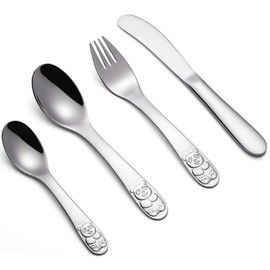 Tiokin Kinderbesteck Metall,4 Stück 18/10 Edelstahl Kinderbesteck Set mit Messer/Gabel/Löffel/kleinem Löffel,Todler Besteck Gesund & Spiegelpoliert, Spülmaschinenfest