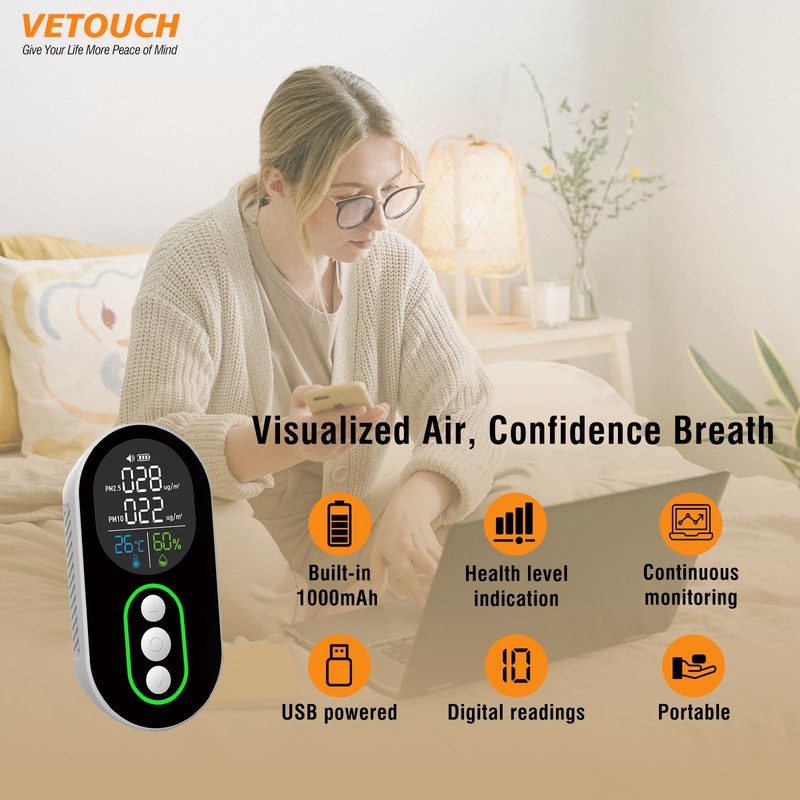 VETOUCH Air Quality Monitor，Pm2.5 & Pm10 Particle Detector, Precise Measurement,