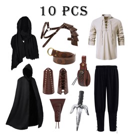 Akokvlar 10 Pcs Men Renaissance Costume Medieval Pirate Shirt Ankle Banded Pants Viking Outfit Set (Medium, Black)