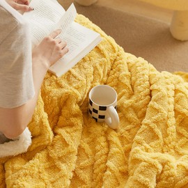 QOFLY Cuddly Sofa Blanket, Yellow, 100 x 150 cm, Thick Sofa Blanket, Couch Blanket, Warm Sherpa Sofa Throw Blanket, Small, Fluffy Blanket for Couch, Winter Blanket
