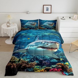jejeloiu Ocean Sea Animal Duvet Quilt Full Size Shark Comforter for Kids Boys Girls Decor Marine Theme Bedding Set Breathable Soft Lightweight Microfiber Bedroom Decor Quilt Set