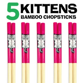 GAMAGO Kitten Bamboo Chopsticks Set-5 Pairs of Adorably Cute Reusable Chop-Sticks-Easy Grip, Lightweight, Durable, 9.25 Inches, Red