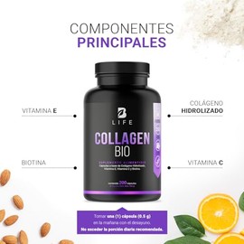 Biotina de 200 Cápsulas. Ingredientes naturales: Colágeno, Vitamina E y Vitamina C. Collagen Bio B Life.