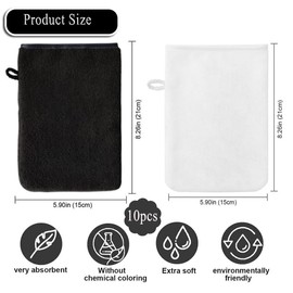 10 Pack Microfiber Body Wash Mitts Cleaning Wipe, 6×8 Inch Super Absorbent & Soft Face Mitten, Coral Fleece Body Cleansing Bath Spa Cloth, Reusable Makeup Remover Mitt Gloves (Black+White)