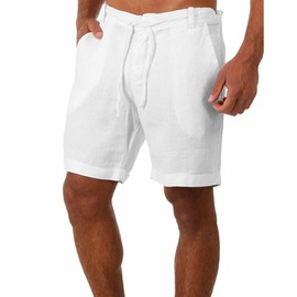 YAOBAOLE Cotton Linen Shorts Men's Shorts Drawstring Elastic Waist Men Shorts with Pockets White 2XL