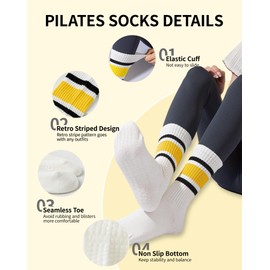 Yawlsow 3 Pairs Pilates Grip Socks for Women Yoga Grippy Striped Retro Crew Socks Non Slip Sticky Athletic Barre Sock with Grippers for Workout Hospital