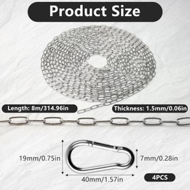 Stainless Steel Chains,8 Metres Heavy Duty Chain Links with Carabiner,Metal Round Steel Chain Corrosion and Rust Prevention,Multifunctional Anchor Chains for Fence Gate,Garage Doors