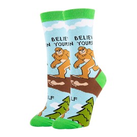 ooohyeah Women’s Novelty Bigfoot Crew Socks, Crazy Funny Cotton Dress Socks Stocking Stuffer Gift - Believe, Shoe Size 5-10