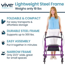 Vive Mobility Steel Rollator Walker with Seat - Foldable, Narrow, Rolling Senior Walker for Small Spaces - 4 Wheel Lightweight Adult Easy Drive with Underseat Storage, Adjustable Height (Purple)
