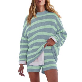 LAMISSCHE Womens Oversized Lounge Sets 2 Piece Outfits Striped Matching Pajama Set Long Sleeve Sweater Set(G Blue&Lt Green,XL)
