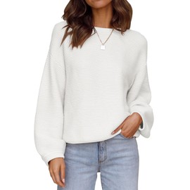 ZESICA Women's 2024 Crew Neck Long Lantern Sleeve Casual Loose Ribbed Knit Solid Soft Pullover Sweater Tops,White,X-Large